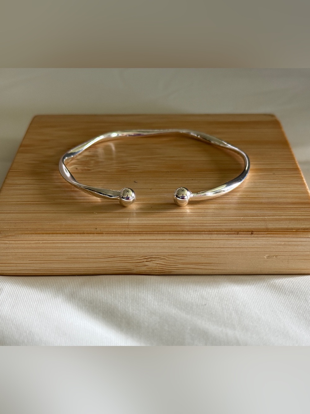 Silver Open Bangle Bracelet with Ball Ends